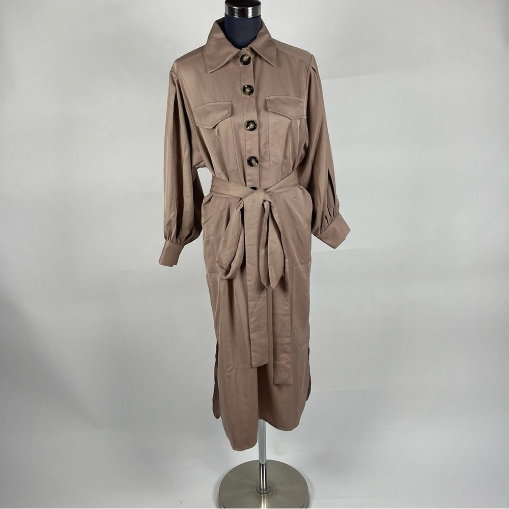 Light Brown Button-front Collared Midi Tie Waist Ballon Sleeve Midi Shirt Dress